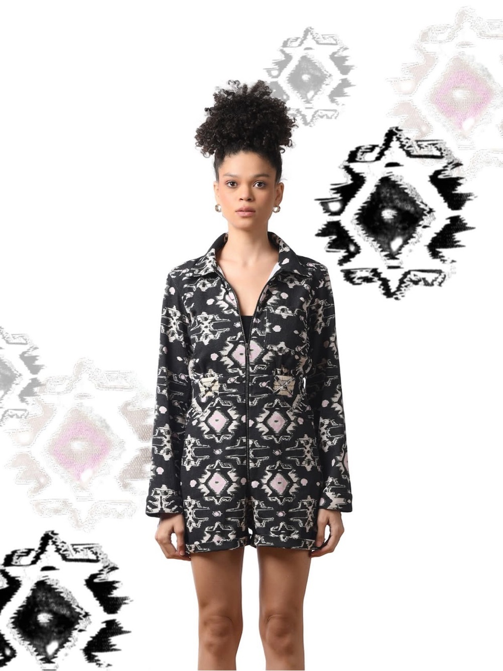 Ollari NY Printed Denim Romper | Western Festival Utility Zip Front | S
